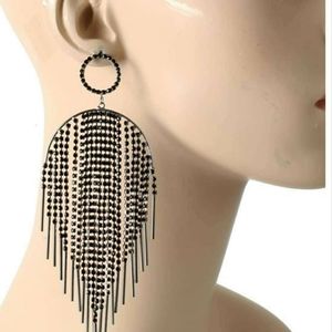 Black Rhinestone Fringe Drop Earrings